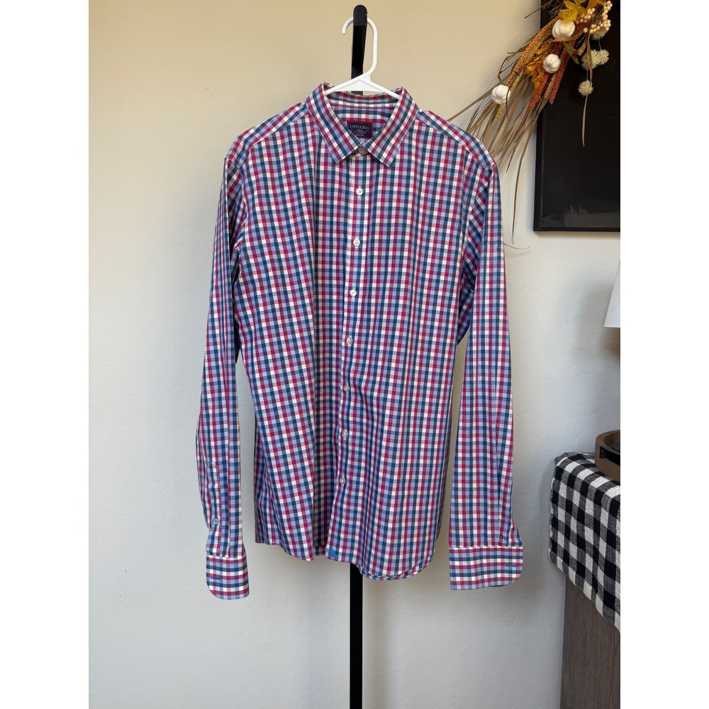 UNTUCKit Redding Mens Large Tall Wrinkle Free Plaid Button Down Shirt Red Blue